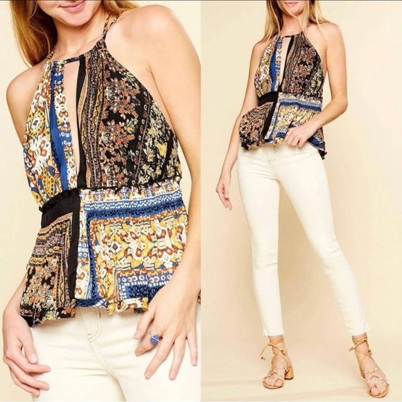 Free People Bellini Patchwork Tank Top Halter Neck Cutout Black Combo EU… - Picture 1 of 12